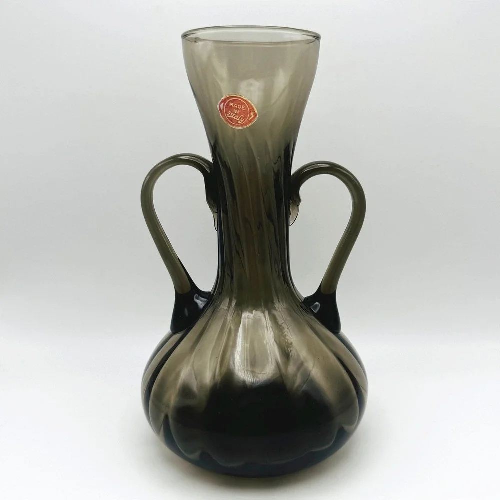 Vintage Empoli Italian Art Glass Double Handle Amphora Vase Smoke Gray Brown